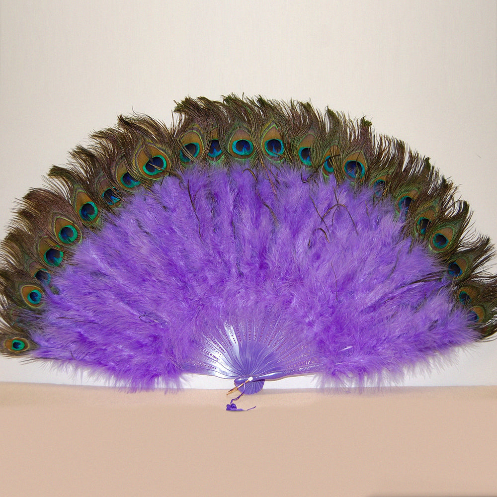 A marabou fan with peacock tips in lavender