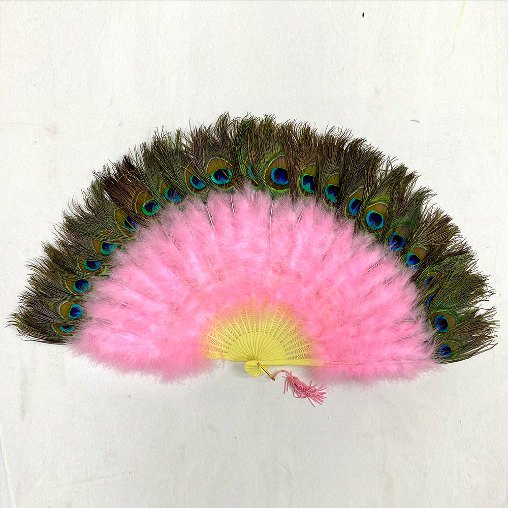 A pink marabou fan with peacock feather tips