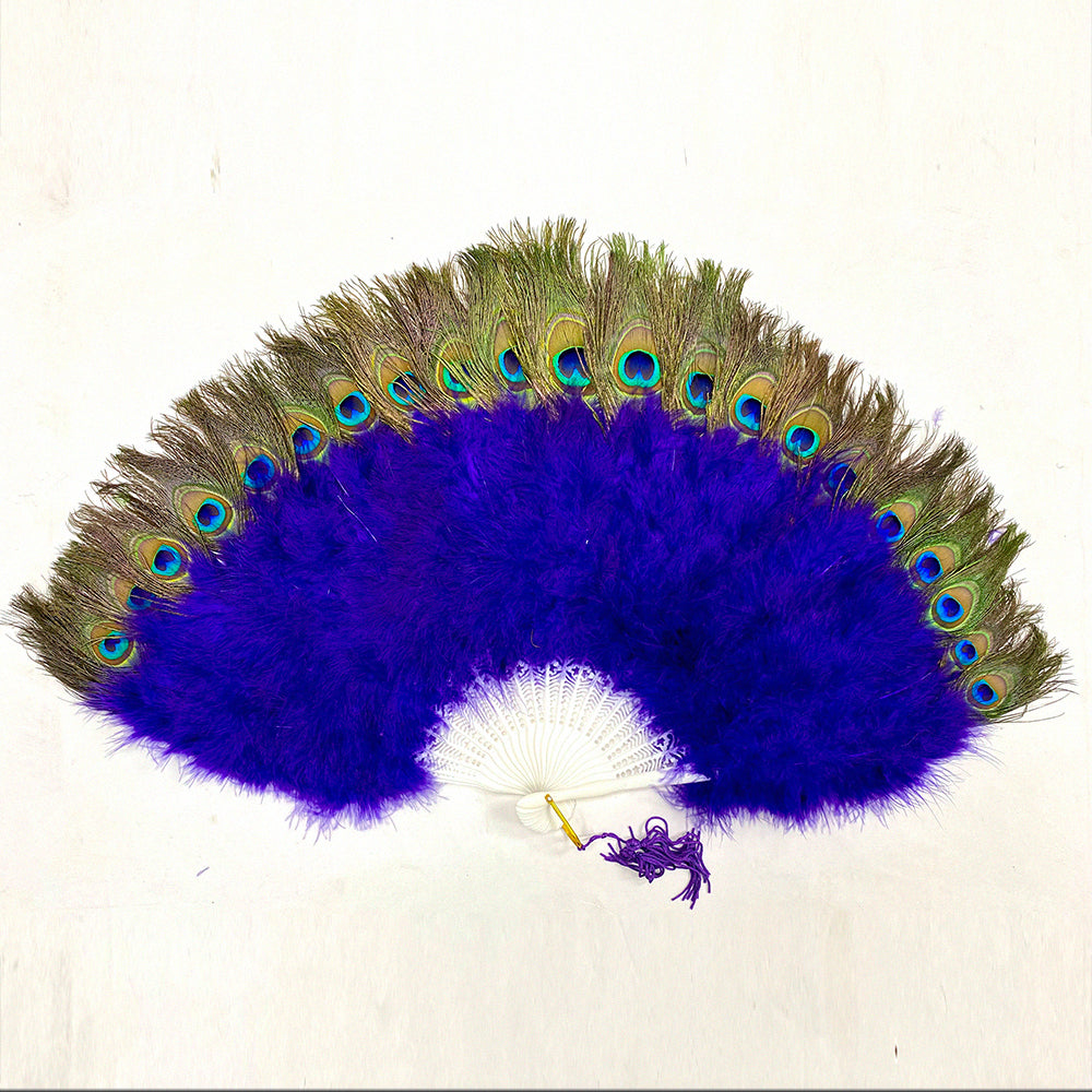 A purple marabou fan with peacock feathers