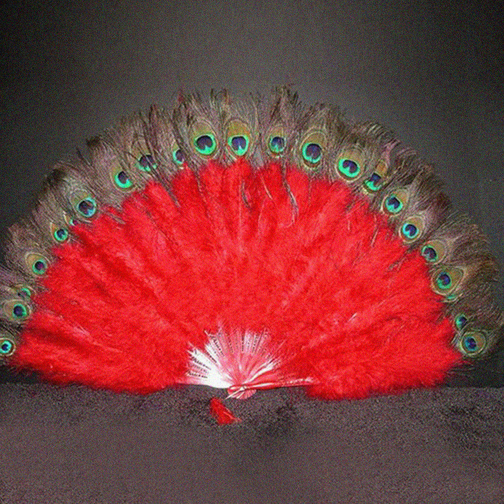 A red marabou fan with peacock tips by Eskay Feathers