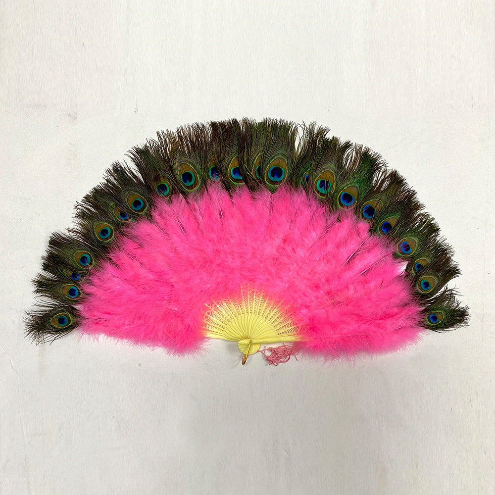 A shocking pink marabou fan with peacock tips