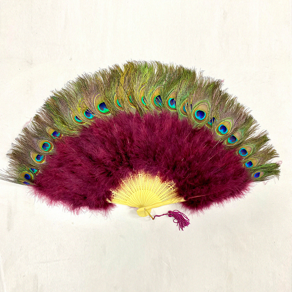 A wine marabout fan with peacock feathers