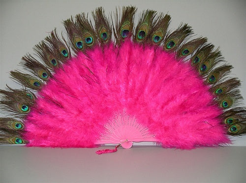 a hot pink marabout fan with peacock tips