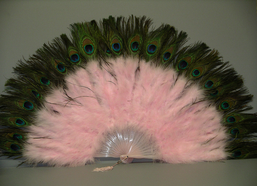 a light pink marabout fan with peacock tips