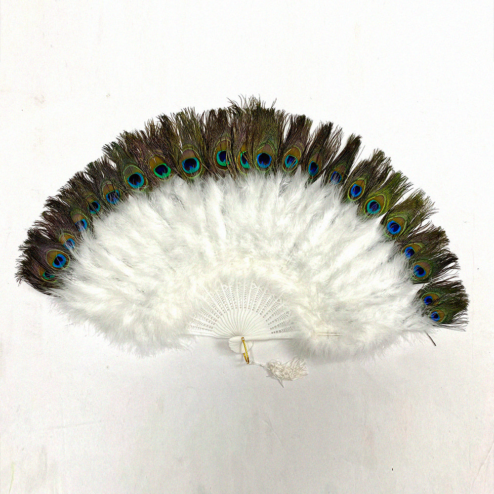 A white marabou fan with peacock tips