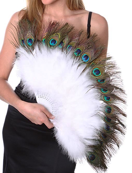 a model holding a white marabou fan with peacock tips