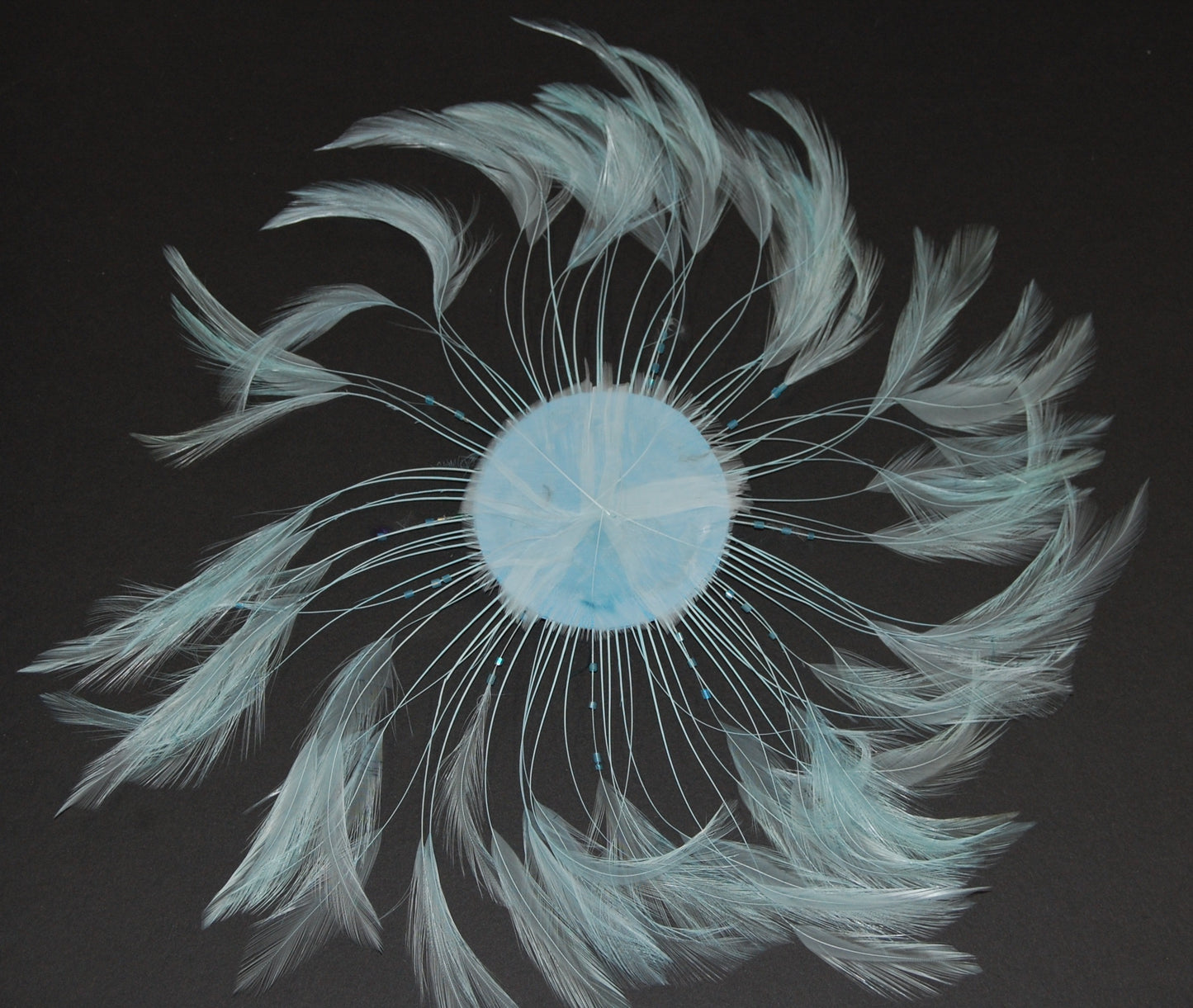 An aqua pinwheel on black background by Eskay Feathers