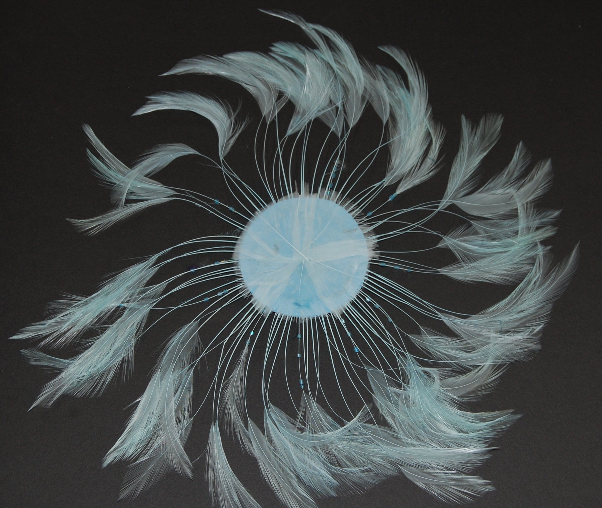 An aqua pinwheel on black background by Eskay Feathers