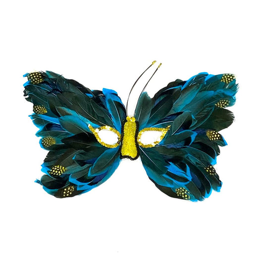 a beautiful butterfly shaped mask in yellow, green, and blue