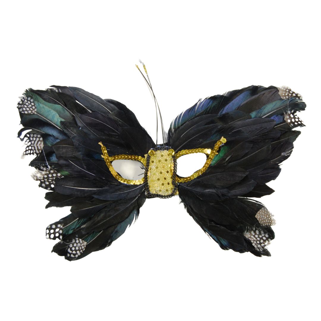 A beautiful butterfly shaped mask with gold, black and blue tones. 