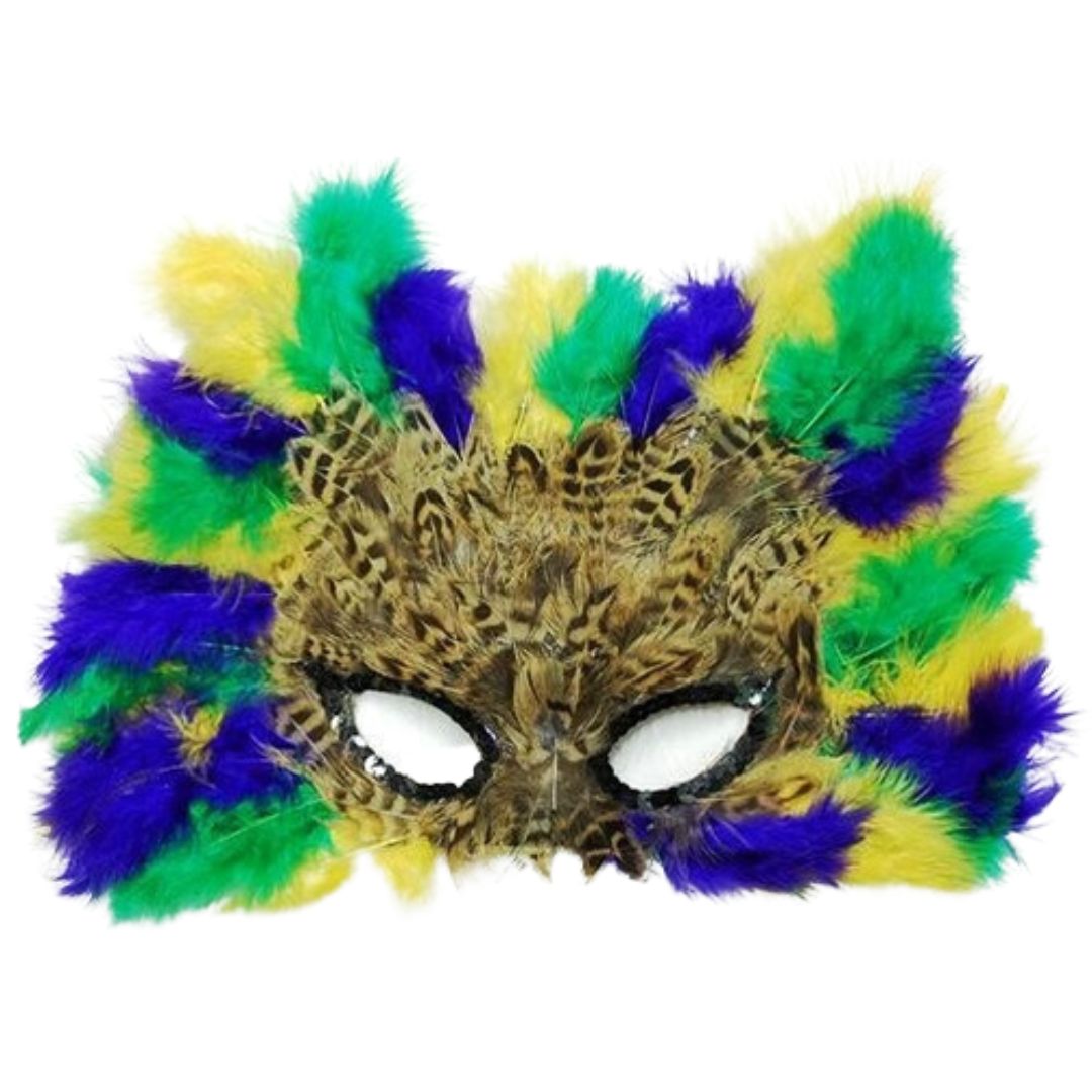 A mask with yellow, purple, and green feathers. perfect for halloween or Mardi Gras. 